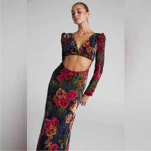 WeWoreWhat Cut Out Flocked Velvet Dress | Multi Color Puffed Long Sleeve | Small